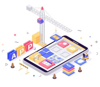 3d isometric build mobile application with search, message, setting, book icons, crane, forklift. Concept abstract program development with construction equipment. Low poly. Vector illustration.